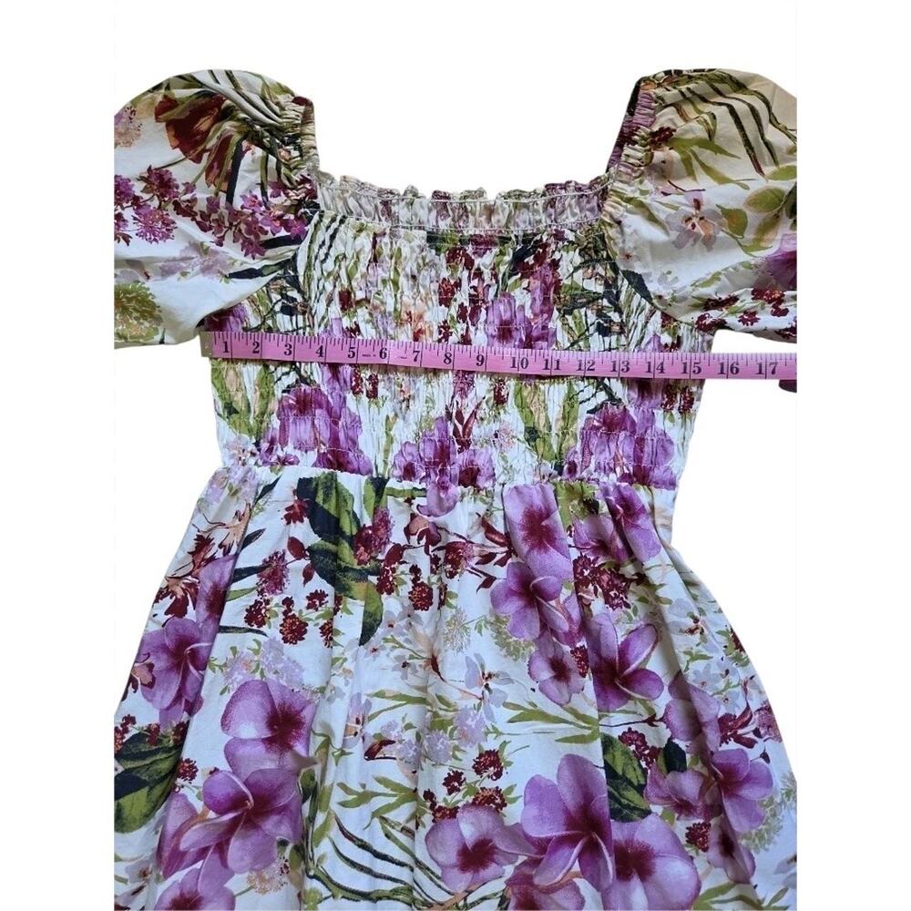 Floral Cotton Mini Dress Tropical Resort Smocked Off Shoulder Puff Sleeve Fits M - Picture 6 of 8